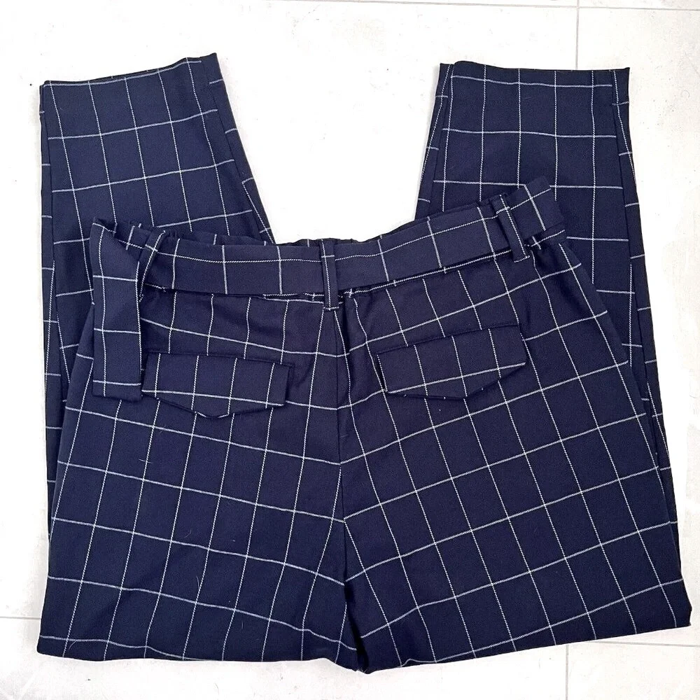 A New Day plaid Tapered Ankle Pants High Rise Size 14 Navy Blue Belted NEW